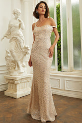 Vestido de noche largo hasta el suelo color champán para fiesta de graduación